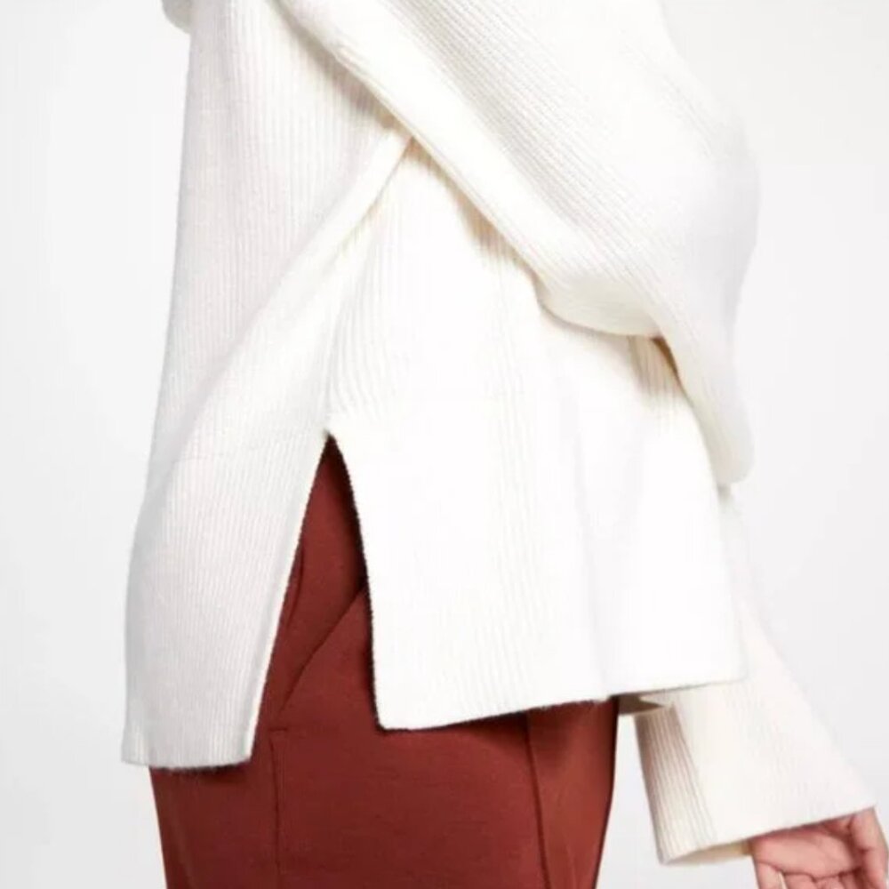 CALIA | Cashmere Blend Ribbed Knit Hooded Sweater Pullover in Cream | Small - Picture 3 of 14